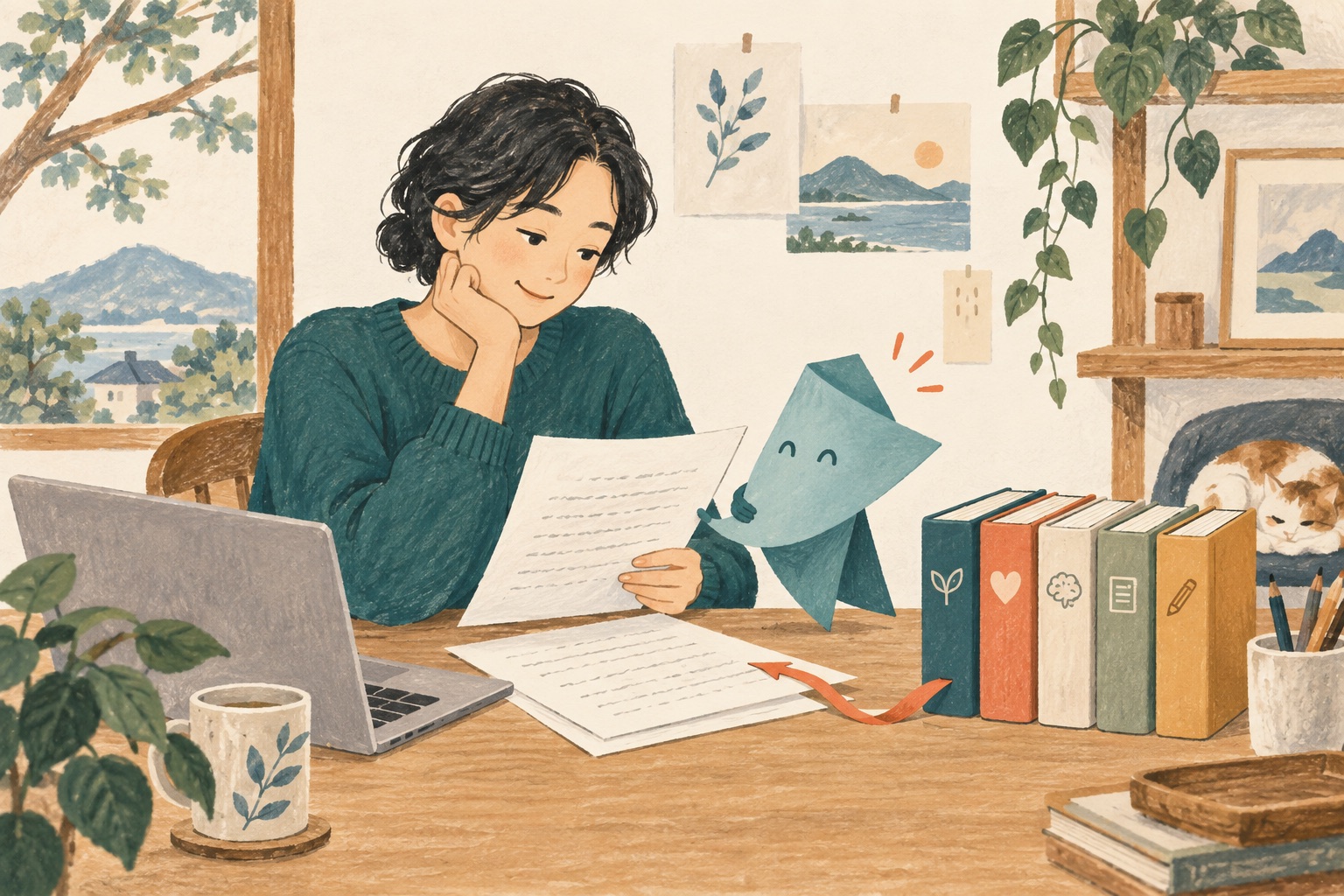 本人がAIと一緒に下書きを確認するイラスト