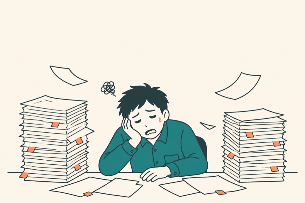 書類の山に埋もれて疲れている人のイラスト